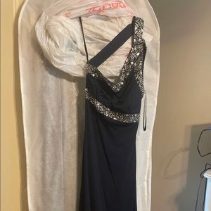 Navy with silver beading detail ball gown.